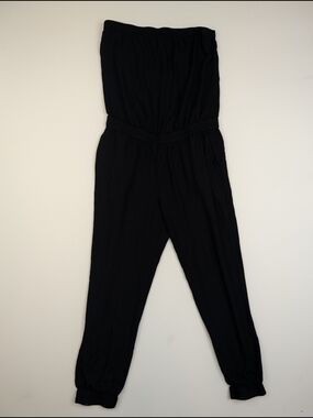 Black Strapless Elastic-Waist Jumpsuit With Pockets